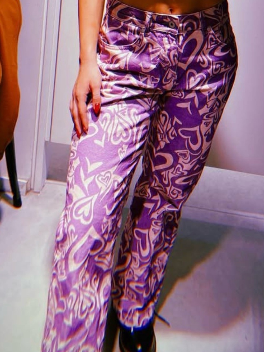 The Ragged Priest Purple Cream Heart Print Wide-Leg Jeans
